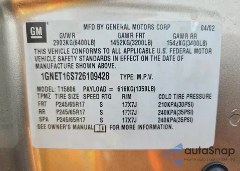 2002 Chevrolet Trailblazer Ext z USA, uszkodzony, nr VIN 1GNET16S726109428